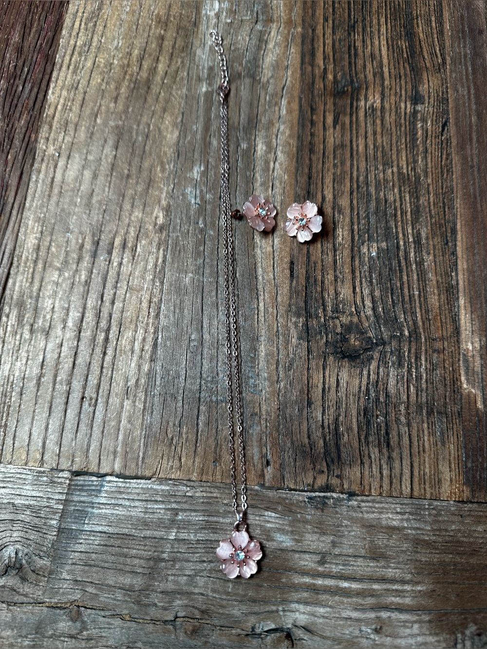 Delicate Pink Flower Necklace and Stud Earrings Set